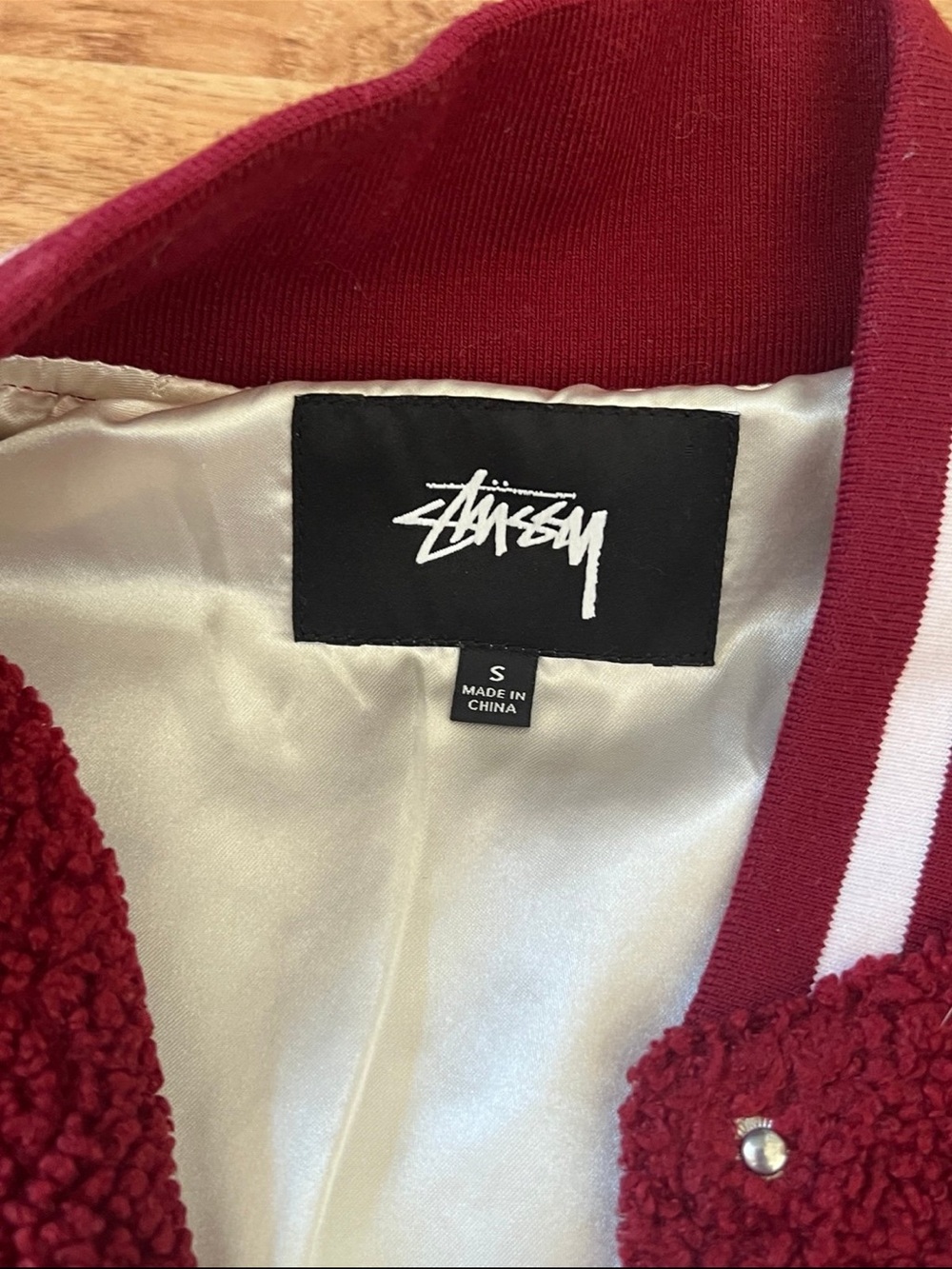 Stussy Maroon Sherpa Bomber Jacket with White Striped Trim - Picture 2 of 4